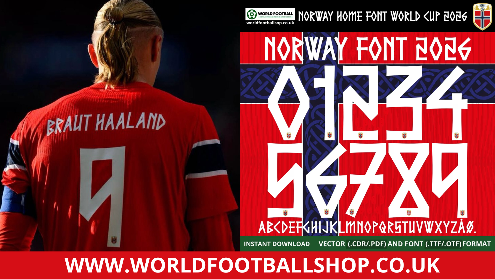 Norway home font World Cup 2026 – bold white runic numbers 0-9 and full alphabet on red Norway flag background with Braut Haaland 9 jersey