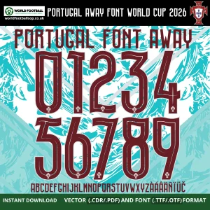 Portugal Away Font World Cup 2026 burgundy red numbers 0-9 alphabet on aquamarine Portugal away kit background