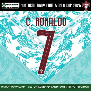 Ronaldo 7 Portugal Away Font World Cup 2026 burgundy red on aquamarine Nike Portugal away jersey