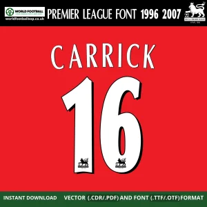 Premier League Font 1996-2007 Carrick 16 nameset example white on red retro style – Carrick 16 Premier League font