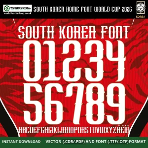 South Korea Home Font World Cup 2026 – bold white numbers 0 to 9 and full alphabet vector font instant download