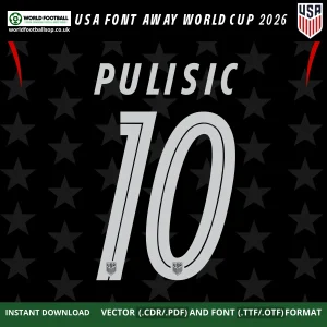 USA Font Away World Cup 2026 Pulisic 10 silver on black USMNT away kit font TTF OTF CDR PDF download – USA Font Away World Cup 2026