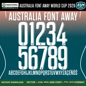 Australia Away Font World Cup 2026 - bold white numbers 0-9 on teal gradient Socceroos away kit background vector CDR PDF TTF OTF