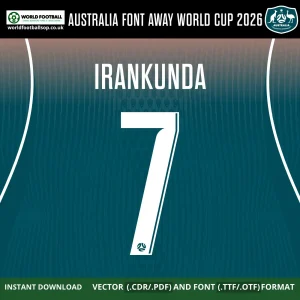 Australia Away Font World Cup 2026 - Irankunda 7 player name and number on teal Socceroos away jersey