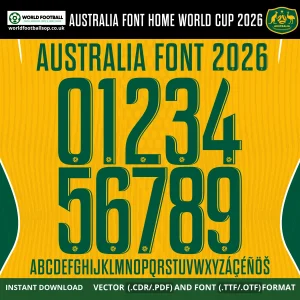 Australia Home Font World Cup 2026 - bold green numbers 0-9 on gold Socceroos kit background vector CDR PDF TTF OTF