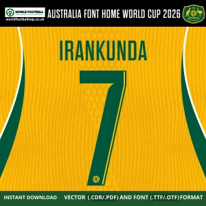 Australia Home Font World Cup 2026 - Irankunda 7 player name and number on gold Socceroos home jersey