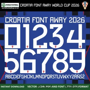 Croatia Away Font World Cup 2026 – bold white numbers 0–9 and full alphabet on royal blue checkered background vector CDR PDF TTF OTF