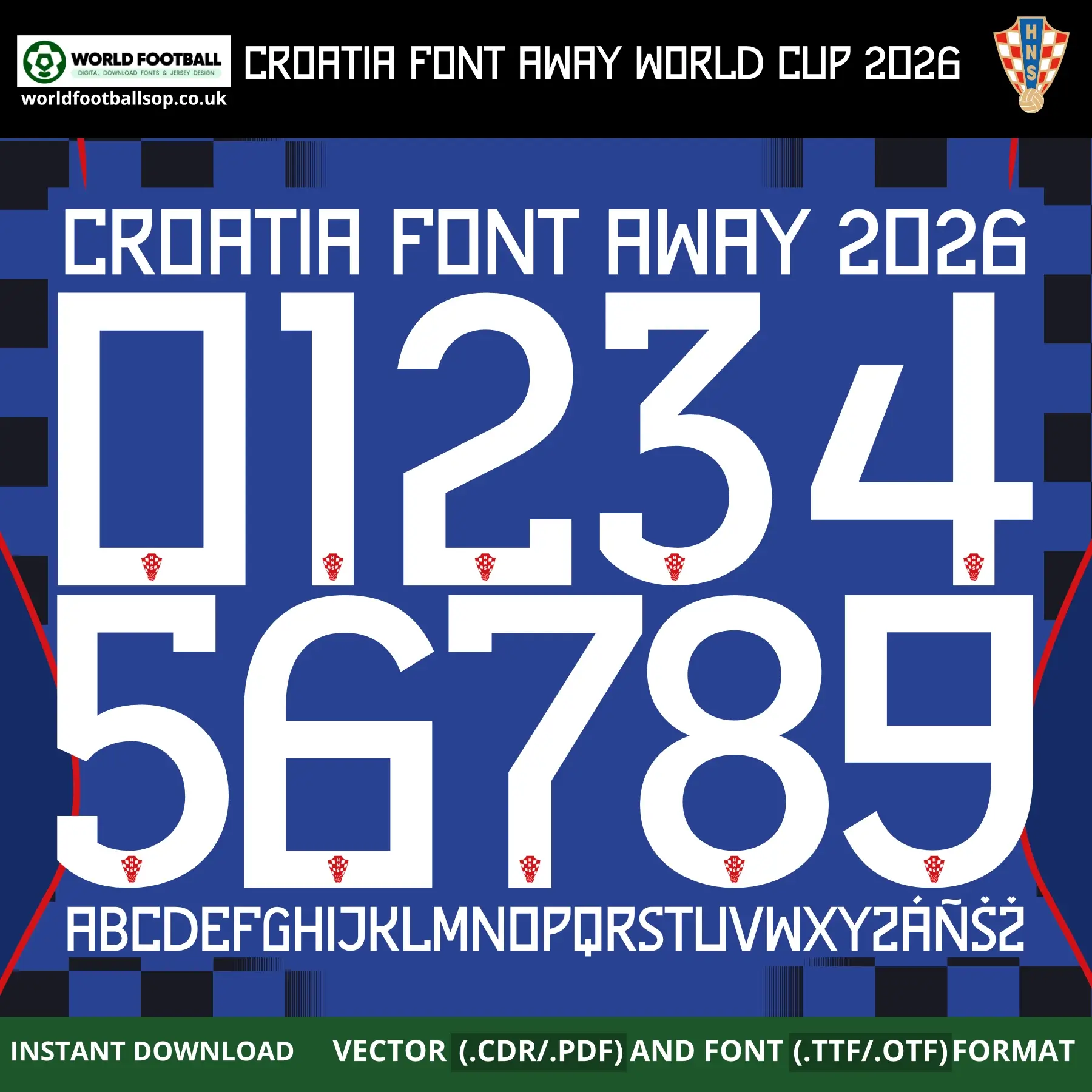 Croatia Away Font World Cup 2026 – bold white numbers 0–9 and full alphabet on royal blue checkered background vector CDR PDF TTF OTF