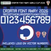 Croatia Away Font World Cup 2026 – full alphabet A–Z with Croatian accents, numbers 0–9 and 2 HNS logo versions on vector numbers blue kit