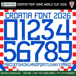 Croatia Home Font World Cup 2026 – bold blue numbers 0–9 and full alphabet on white checkered background vector CDR PDF TTF OTF
