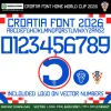 Croatia Home Font World Cup 2026 – full alphabet A–Z with Croatian accents, numbers 0–9 and HNS logo two versions on vector numbers