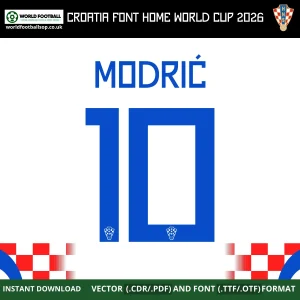 Croatia Home Font World Cup 2026 – Modrić 10 player name and number on white checkered Croatia home jersey