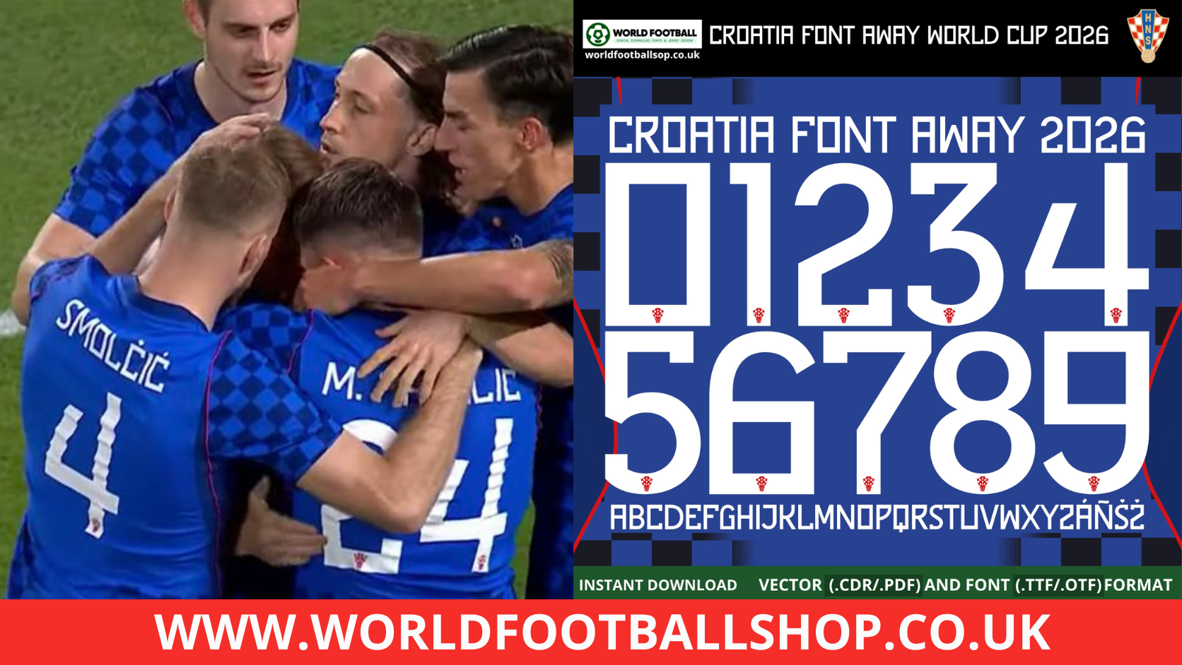 Croatia Away Font World Cup 2026 – bold white numbers 0–9 and full alphabet A–Z on royal blue checkered kit with real match action