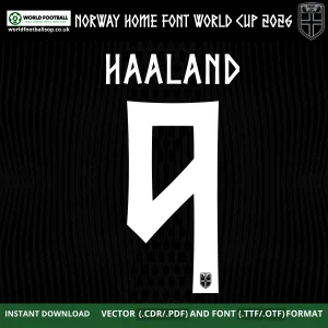 Norway Away Font World Cup 2026 – Haaland 9 player name and number on black Norway away jersey