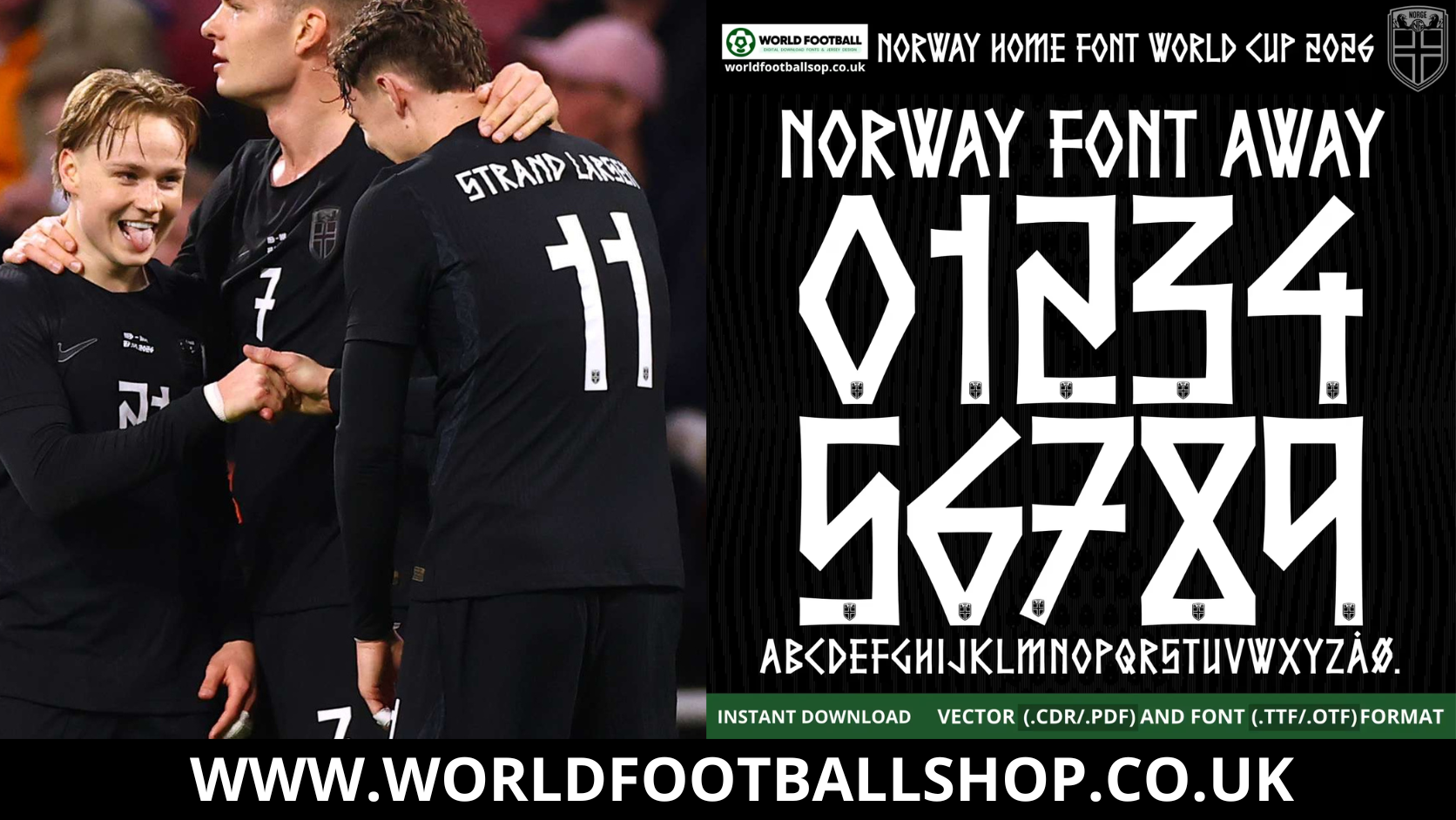 Norway away font World Cup 2026 – bold white runic style numbers 0-9 and full alphabet on black away kit background with Strand Larsen 11 jersey