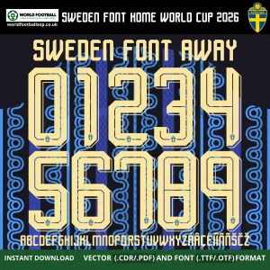 Sweden Away Font World Cup 2026 – bold cream numbers 0–9 and full alphabet on dark navy stripe background vector CDR PDF TTF OTF