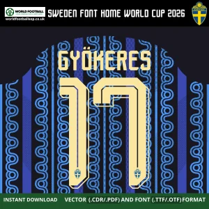 Sweden Away Font World Cup 2026 – Gyökeres 17 player name and number on dark navy Sweden away jersey with Nordic wave pattern
