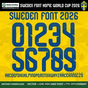 Sweden Home Font World Cup 2026 – bold blue numbers 0–9 and full alphabet on yellow kit background vector CDR PDF TTF OTF