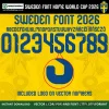 Sweden Home Font World Cup 2026 – full alphabet A–Z with Swedish accents, numbers 0–9 and SvFF logo on vector numbers yellow kit
