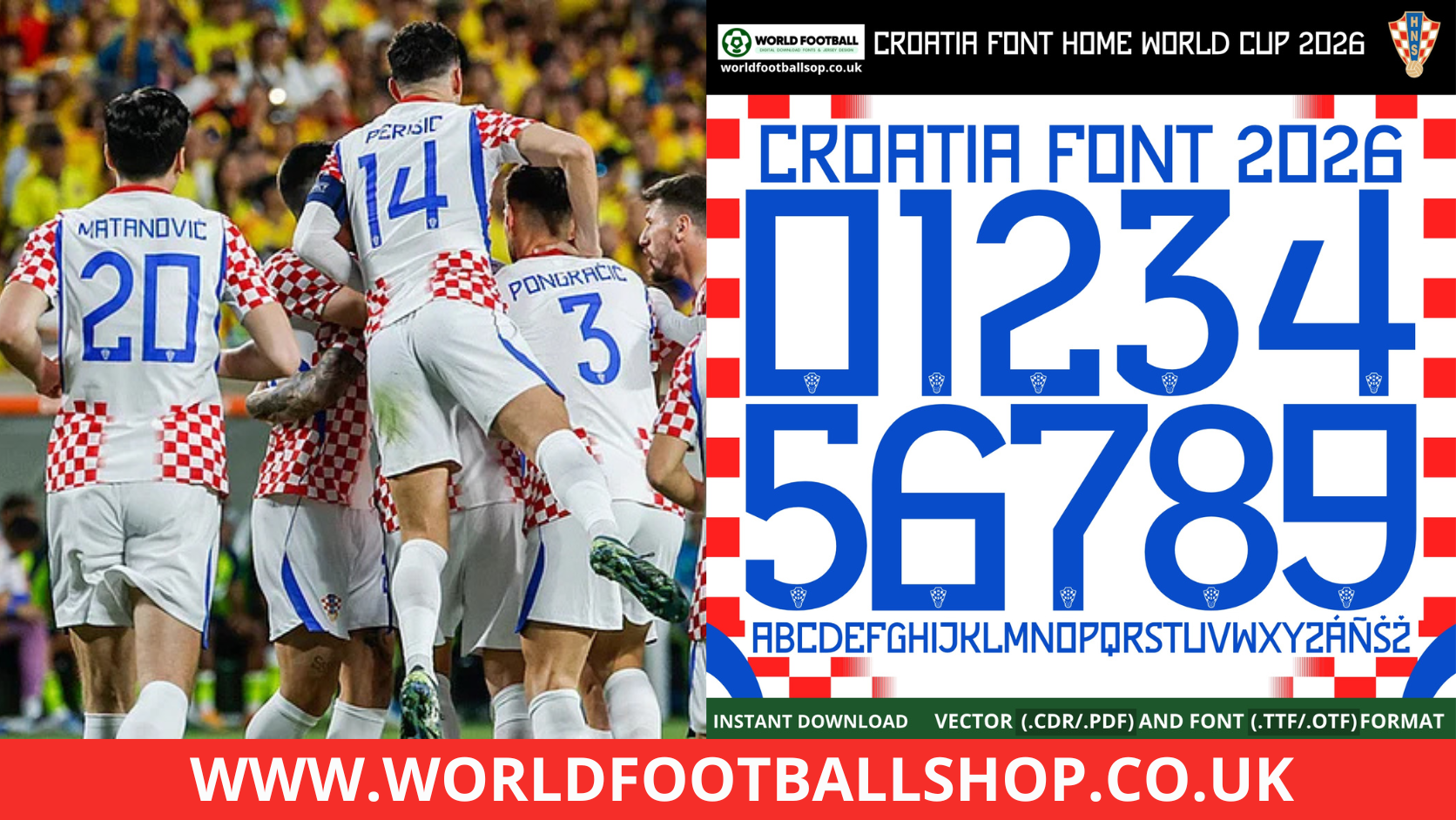 Croatia Home Font World Cup 2026 – bold blue numbers 0–9 and full alphabet A–Z with Croatian accents on white checkered kit background