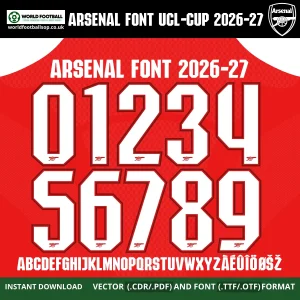 Arsenal Font UCL 2026-27 – bold white numbers 0–9 and full alphabet on iconic red Arsenal home kit background vector CDR PDF TTF OTF
