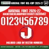 Arsenal Font UCL 2026-27 – full alphabet A–Z with accented chars, numbers 0–9 and Arsenal cannon crest logo on vector numbers red home kit