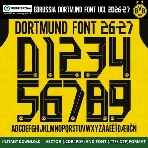 Borussia Dortmund Font UCL 2026-27 – bold black numbers 0–9 and full alphabet on signal yellow BVB kit background vector CDR PDF TTF OTF