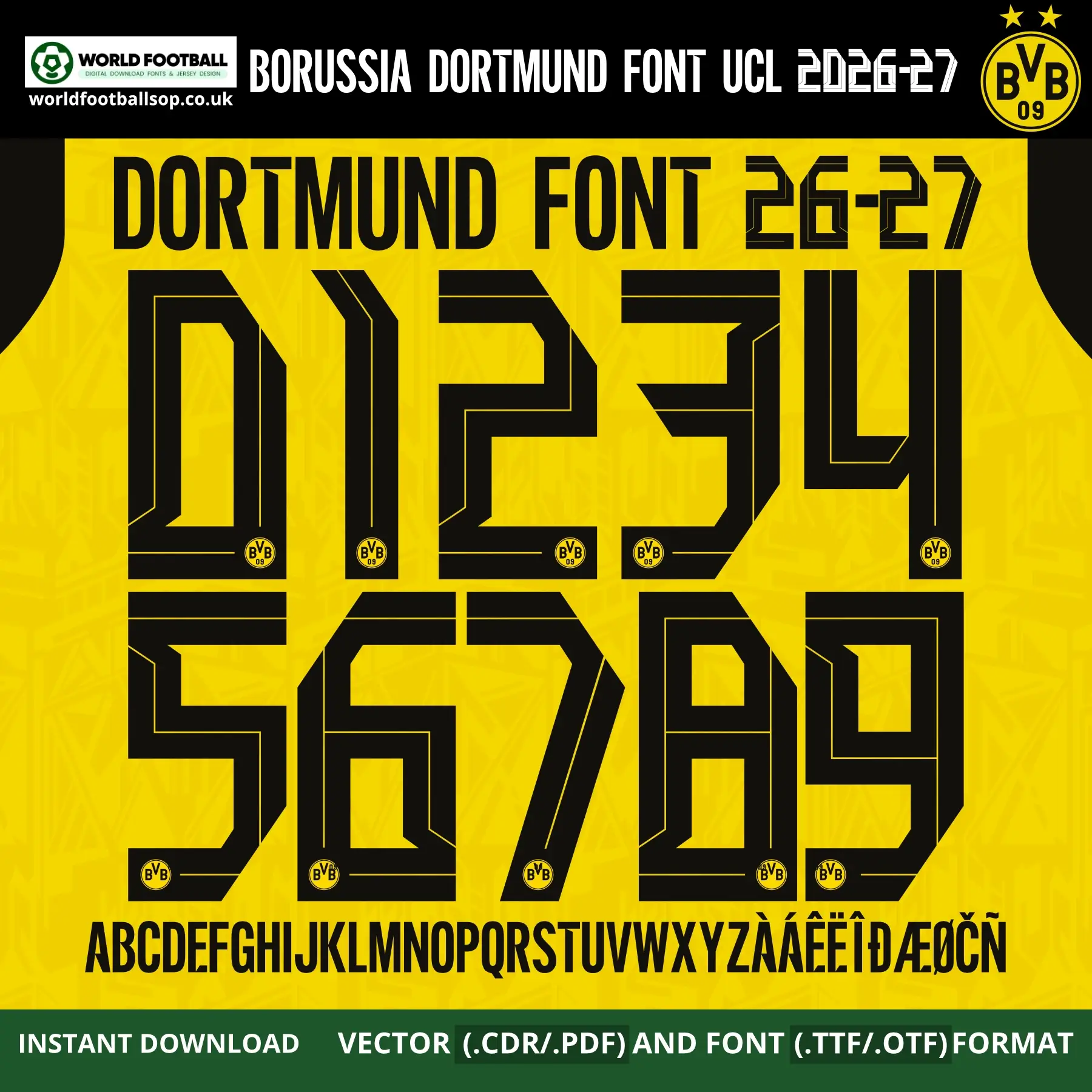 Borussia Dortmund Font UCL 2026-27 – bold black numbers 0–9 and full alphabet on signal yellow BVB kit background vector CDR PDF TTF OTF