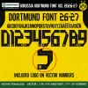 Borussia Dortmund Font UCL 2026-27 – full alphabet A–Z with accented chars, numbers 0–9 and BVB 09 crest logo on vector numbers yellow kit