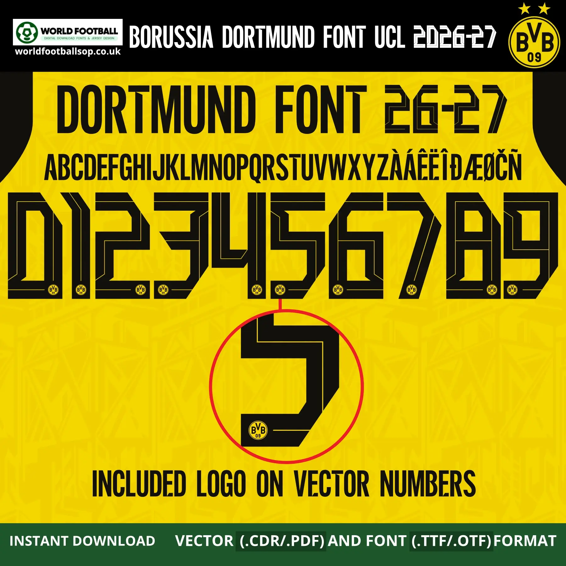 Borussia Dortmund Font UCL 2026-27 – full alphabet A–Z with accented chars, numbers 0–9 and BVB 09 crest logo on vector numbers yellow kit
