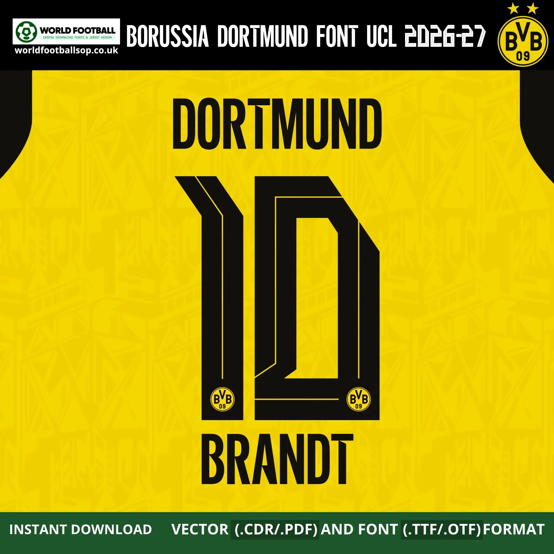 Borussia Dortmund Font UCL 2026-27 – Brandt 10 player name and number on signal yellow BVB Dortmund Champions League home jersey