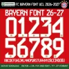 FC Bayern München Font UCL 2026-27 – bold white numbers 0–9 and full alphabet A–Z on red stripe Bayern UCL kit background vector CDR PDF TTF OTF