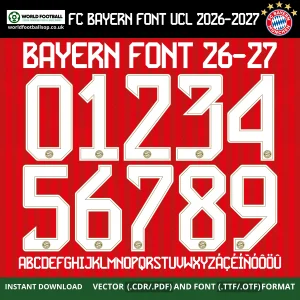 FC Bayern München Font UCL 2026-27 – bold white numbers 0–9 and full alphabet A–Z on red stripe Bayern UCL kit background vector CDR PDF TTF OTF