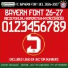 FC Bayern München Font UCL 2026-27 – full alphabet A–Z with accented chars, numbers 0–9 and Bayern crest logo on vector numbers red kit