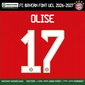 FC Bayern München Font UCL 2026-27 – Olise 17 player name and number on red stripe Bayern home jersey Champions League