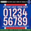 PSG Font Ligue 1 Home kit 2026-27 – bold white numbers 0–9 and full alphabet on royal blue PSG home kit background vector CDR PDF TTF OTF