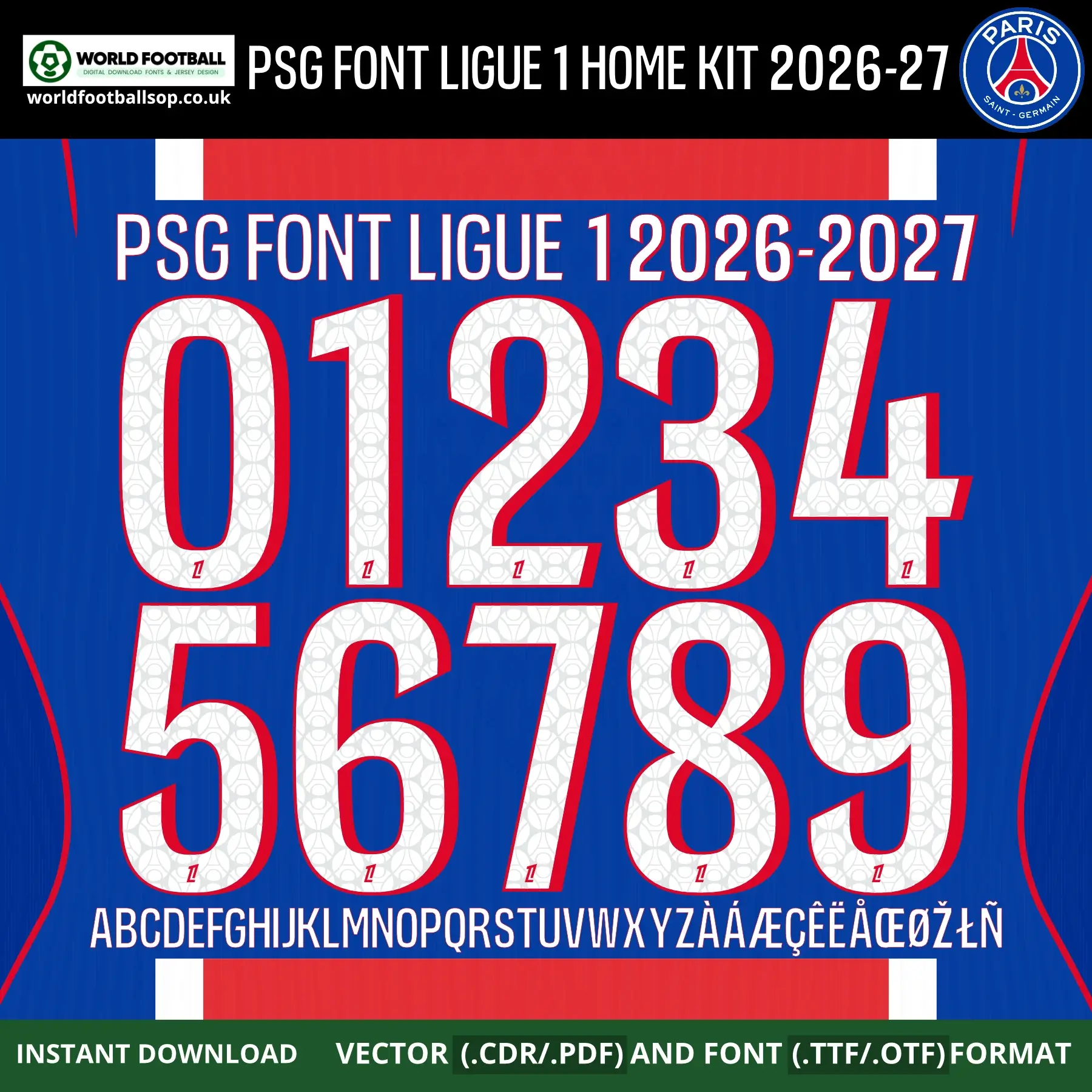 PSG Font Ligue 1 Home kit 2026-27 – bold white numbers 0–9 and full alphabet on royal blue PSG home kit background vector CDR PDF TTF OTF
