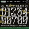 PSG Night Edition Font UCL 2025-26 – bold chrome silver numbers 0–9 and full alphabet on black gold brushstroke background vector CDR PDF TTF OTF