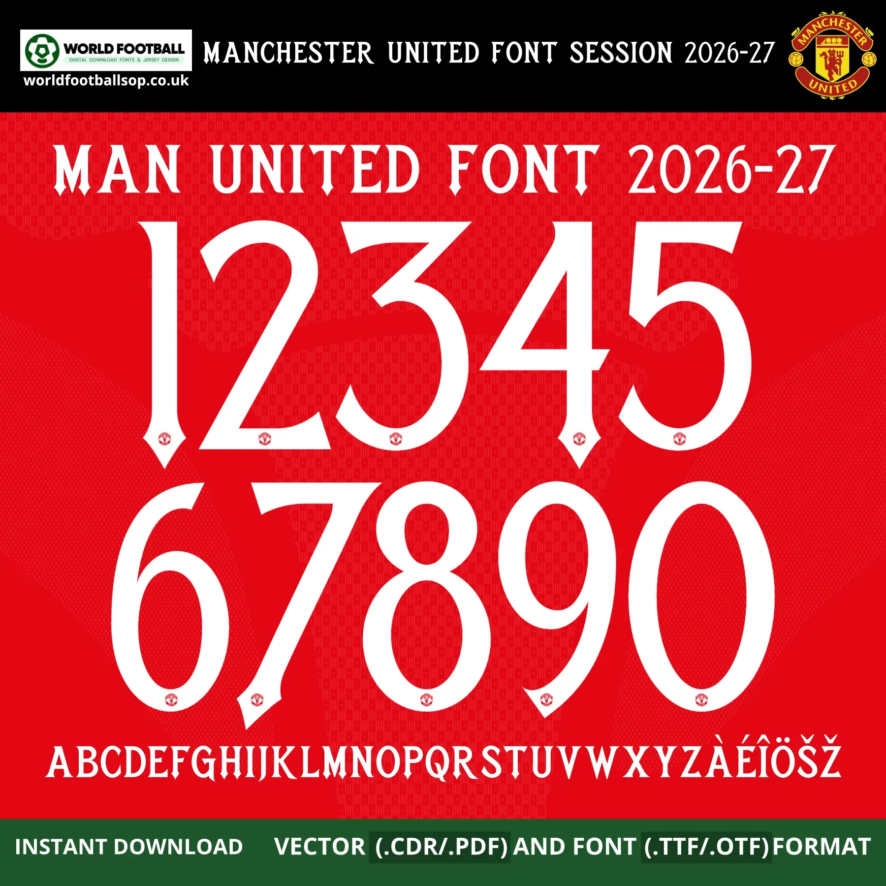 Manchester United Font 2026-27 UCL FA Cup – bold white numbers 0–9 and full alphabet on iconic red Man United home kit background vector CDR PDF TTF OTF