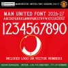 Manchester United Font 2026-27 UCL FA Cup – full alphabet A–Z with accented chars, numbers 0–9 and Man Utd crest logo on vector numbers red home kit