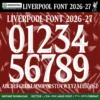 Liverpool Font UCL 2026-27 – bold white numbers 0–9 and full alphabet on deep red LFC UCL home kit background vector CDR PDF TTF OTF