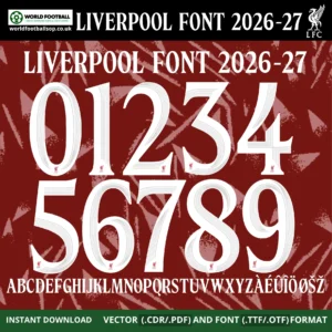 Liverpool Font UCL 2026-27 – bold white numbers 0–9 and full alphabet on deep red LFC UCL home kit background vector CDR PDF TTF OTF