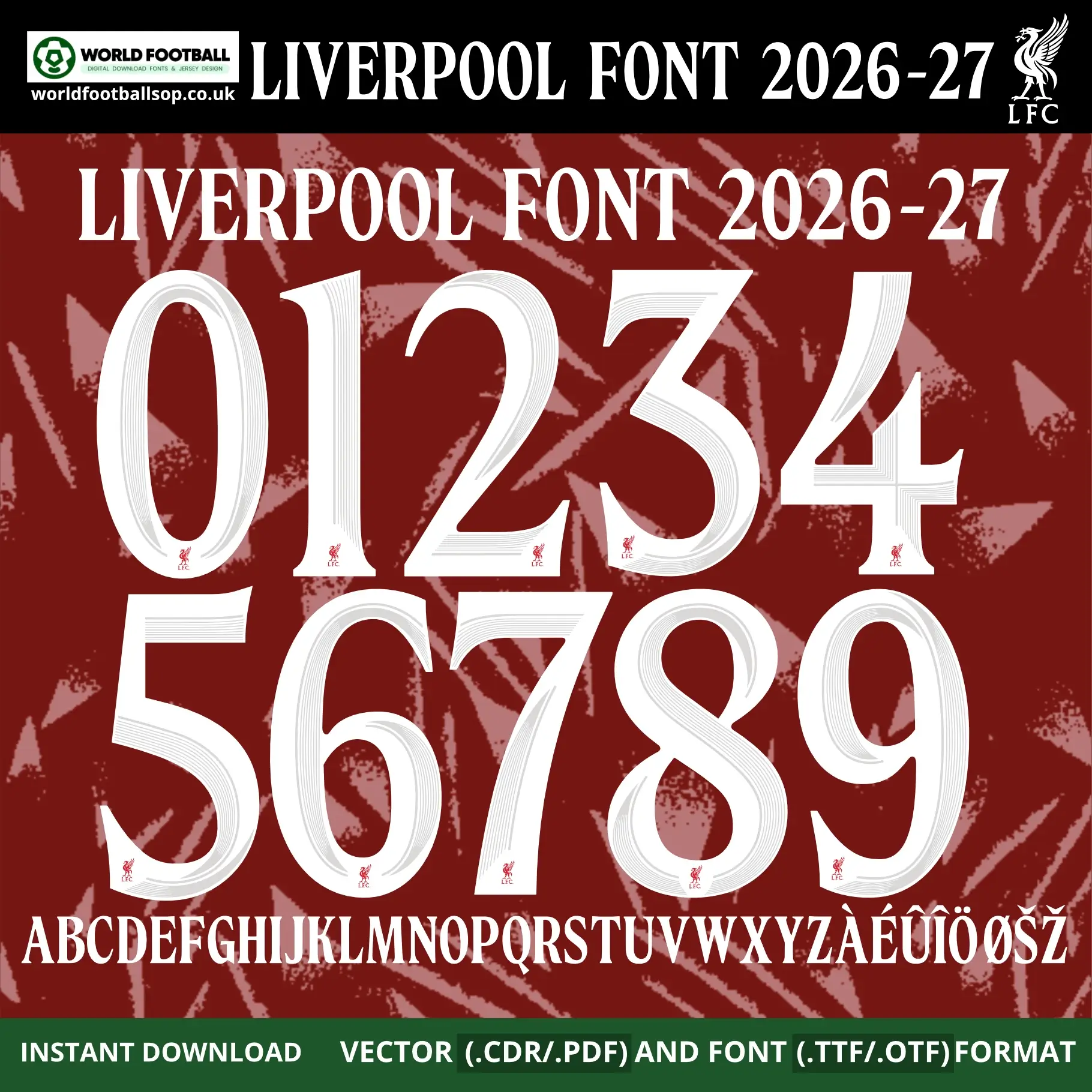 Liverpool Font UCL 2026-27 – bold white numbers 0–9 and full alphabet on deep red LFC UCL home kit background vector CDR PDF TTF OTF