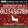 Liverpool Font UCL 2026-27 – full alphabet A–Z with accented chars, numbers 0–9 and LFC Liver Bird crest logo on vector numbers deep red Anfield kit