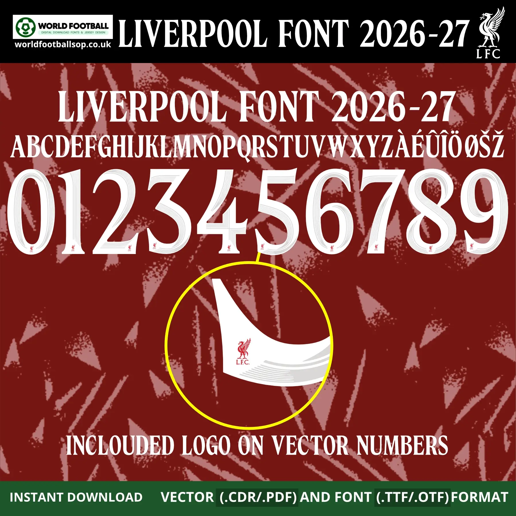 Liverpool Font UCL 2026-27 – full alphabet A–Z with accented chars, numbers 0–9 and LFC Liver Bird crest logo on vector numbers deep red Anfield kit