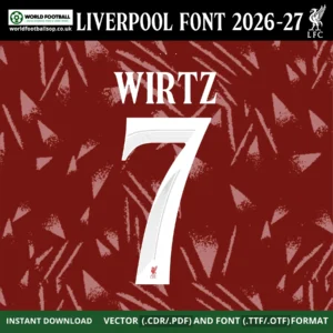 Liverpool Font UCL 2026-27 – Wirtz 7 player name and number on deep red Liverpool UCL home jersey with LFC Liver Bird crest