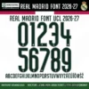 Real Madrid Font UCL 2026-27 – bold dark green numbers 0–9 and full alphabet on white Real Madrid UCL home kit background vector CDR PDF TTF OTF