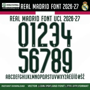 Real Madrid Font UCL 2026-27 – bold dark green numbers 0–9 and full alphabet on white Real Madrid UCL home kit background vector CDR PDF TTF OTF