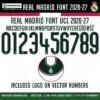 Real Madrid Font UCL 2026-27 – full alphabet A–Z with accented chars, numbers 0–9 and Real Madrid crest logo on vector numbers white kit