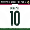 Real Madrid Font UCL 2026-27 – Mbappé 10 player name and number on white Real Madrid UCL home jersey with club crest